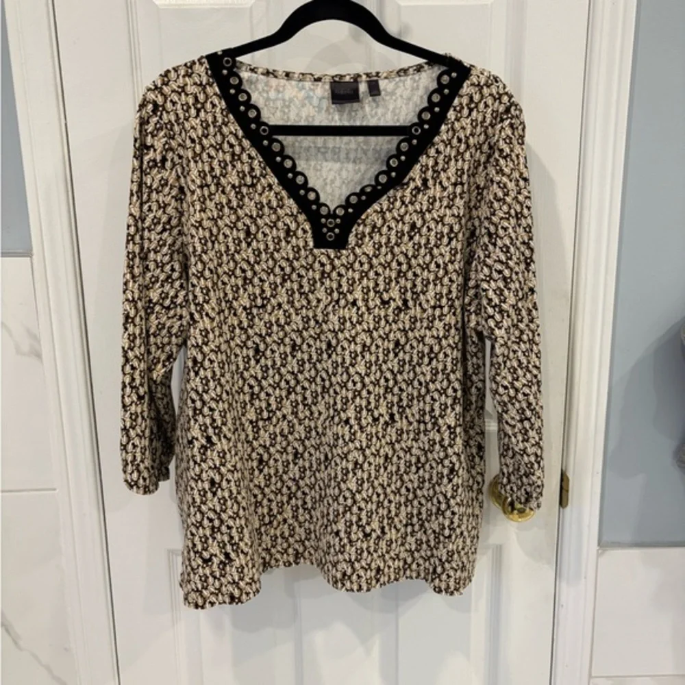 Rafaella | Black & Neutral Colours V-Neck Long Sleeve Top Size 2X Cotton - Picture 2 of 10